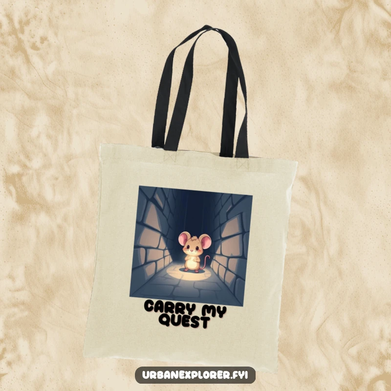 Funny Tote Bag: A tiny mouse with a headlamp shines its beam into a dark, mysterious alleyway.