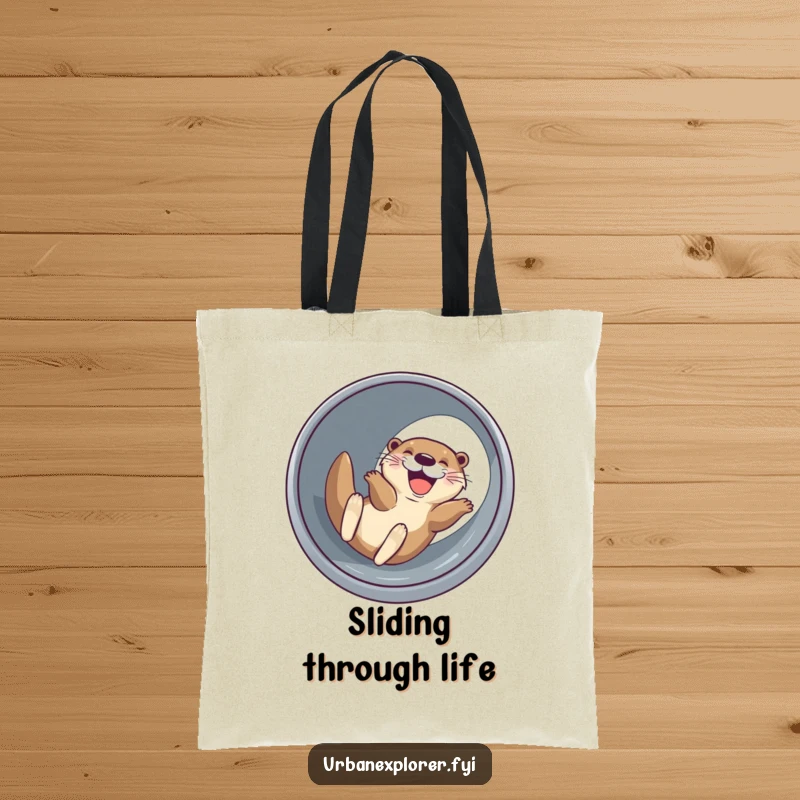 Funny joyful otter with a wide grin, sliding down a drainage pipe, a humorous and practical tote bag.