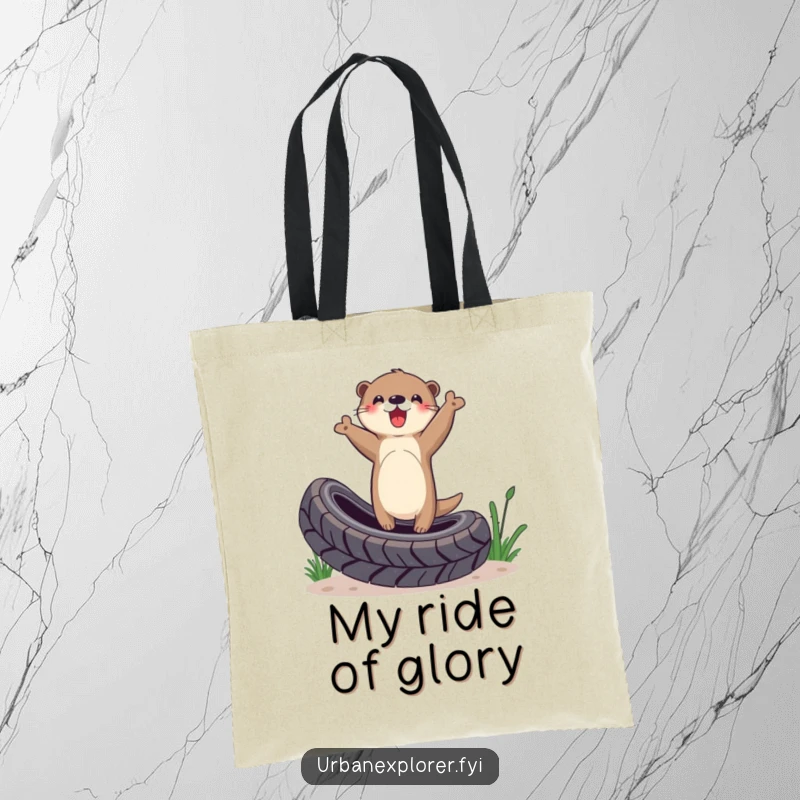 Funny Otter Tote Bag: Otter balancing on a tire with a triumphant pose, symbolizing success and a playful attitude, great for everyday use.