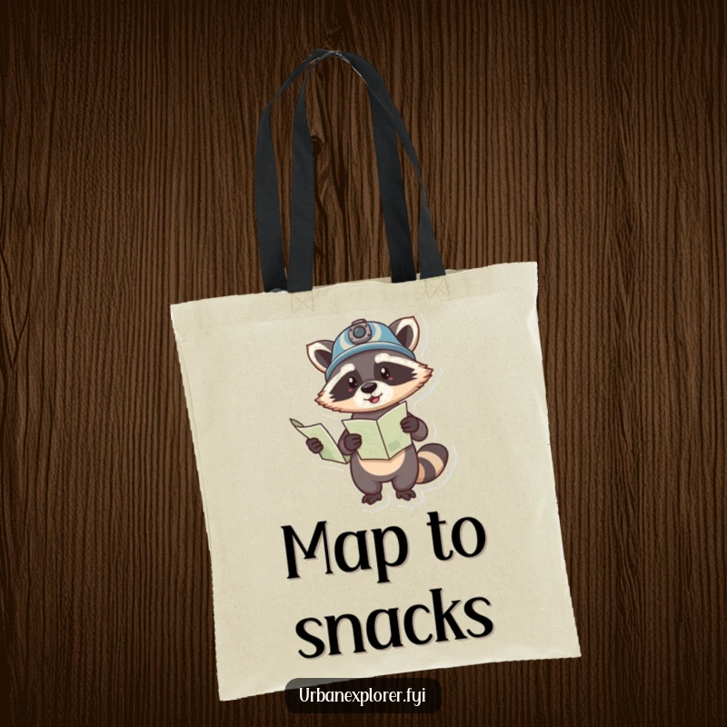 Funny tote bag featuring a helmeted raccoon holding a map and pointing the way, ready for any expedition.