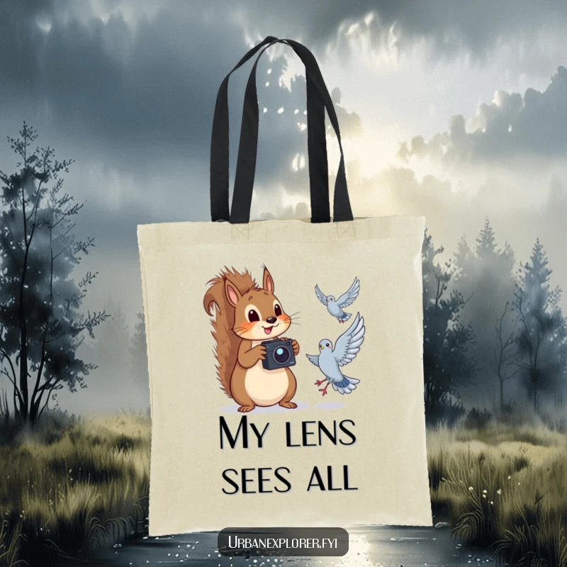 Funny squirrel with a camera, humorously capturing a pigeon in flight, on a durable tote bag.