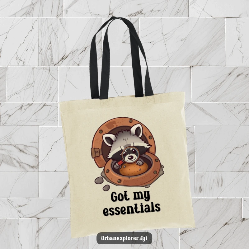 Funny kawaii tote bag showing a raccoon using a magnifying glass to inspect a rusty manhole, ready for a mystery.