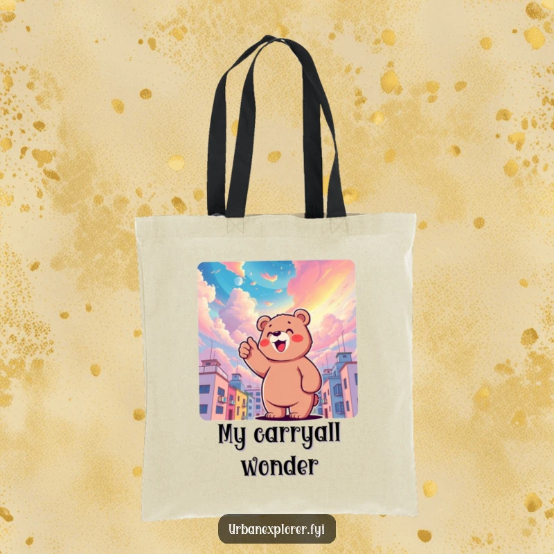 Funny bear character pointing upwards at a surreal, colorful sky above buildings, a whimsical and funny gift tote bag.