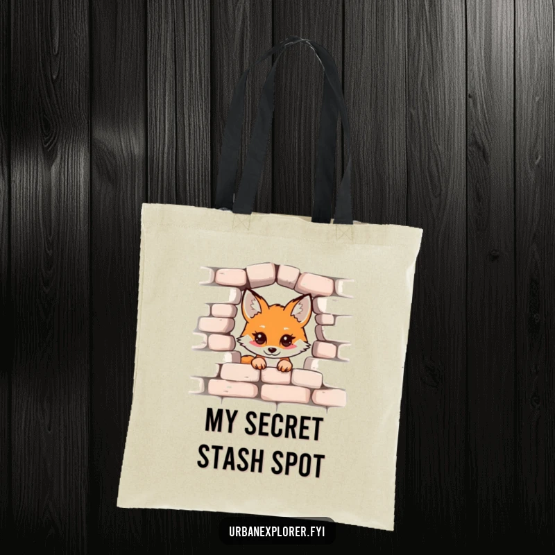 Funny Kawaii Fox Tote Bag, cute fox peeking from a brick wall design, practical and stylish, great funny gift.